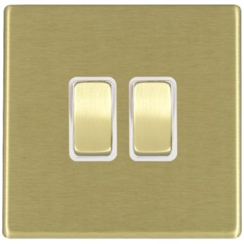 Hamilton Hartland G2 Satin Brass 2 Gang 10AX 2 Way Switch with Satin Brass Rockers and White Surround 7G22R22SB-W