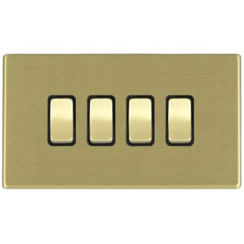 Hamilton Hartland G2 Satin Brass 4 Gang 10AX 2 Way Switch with Satin Brass Rockers and Black Surround 7G22R24SB-B