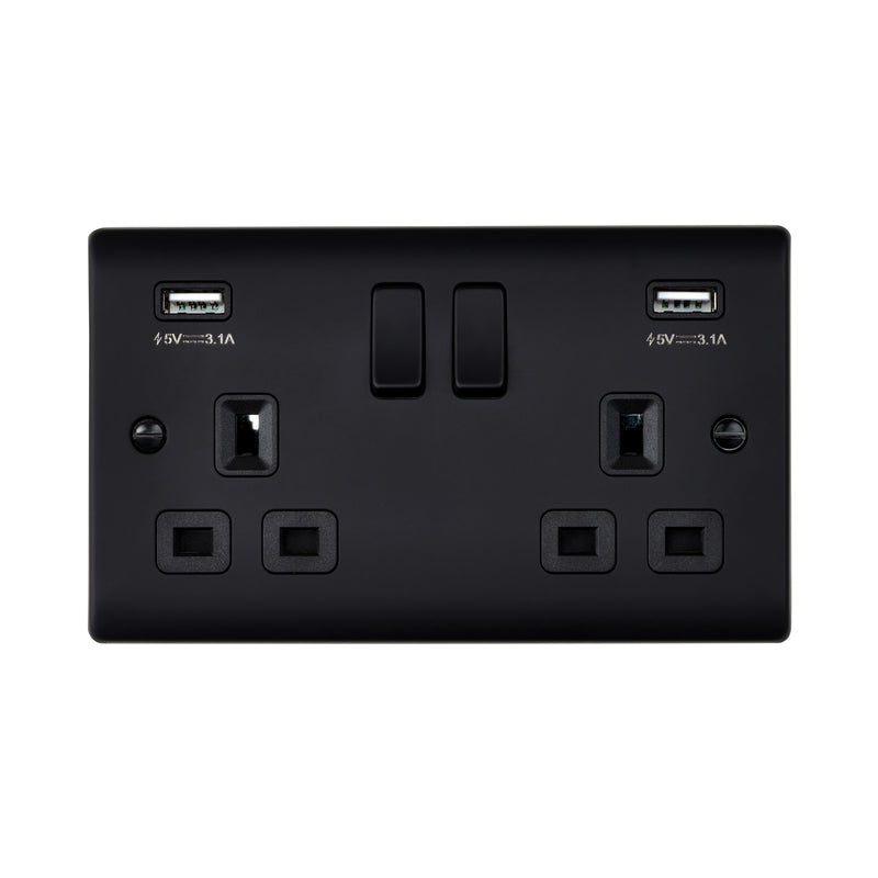 Saxby Raised Screwed 13A 2G DP Switched Socket with twin 5V USB - Matt Black With Black Insert RS423BLB