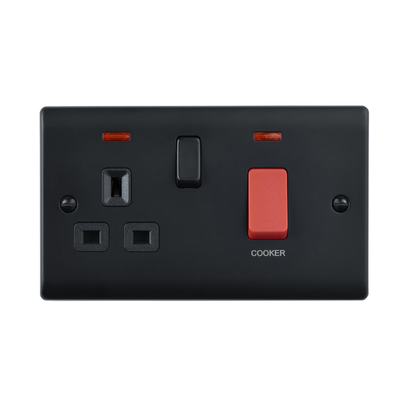 Saxby Raised Screwed 45A DP Cooker Switch with 13A Socket with Neon - Matt Black With Black Insert RS551BLB