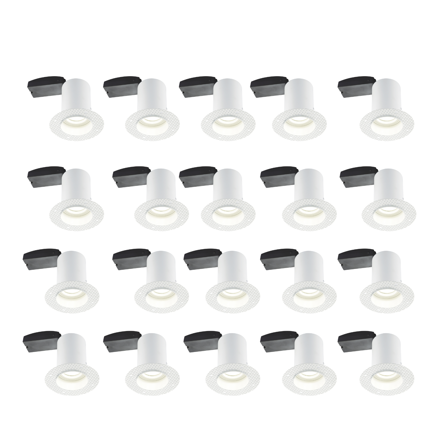 A pack of 20 Saxby 81572 Ravel Trimless Plaster-in Fire Rated GU10 Downlights in white colour