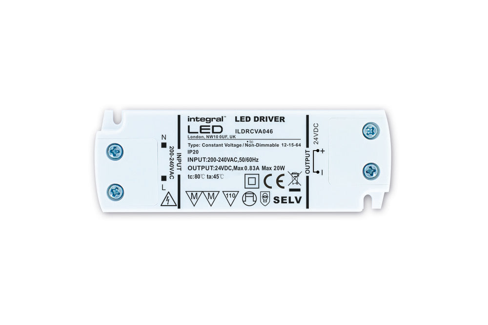 Integral LED CONSTANT VOLTAGE DRIVER 20W 24VDC IP20 NON-DIMM 200-240V INPUT INTEGRAL ILDRCVA046