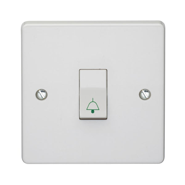 Crabtree Capital White Moulded 10A 1 Gang 1 Way Retractive Switch Printed 'Bell Symbol' 4096/B