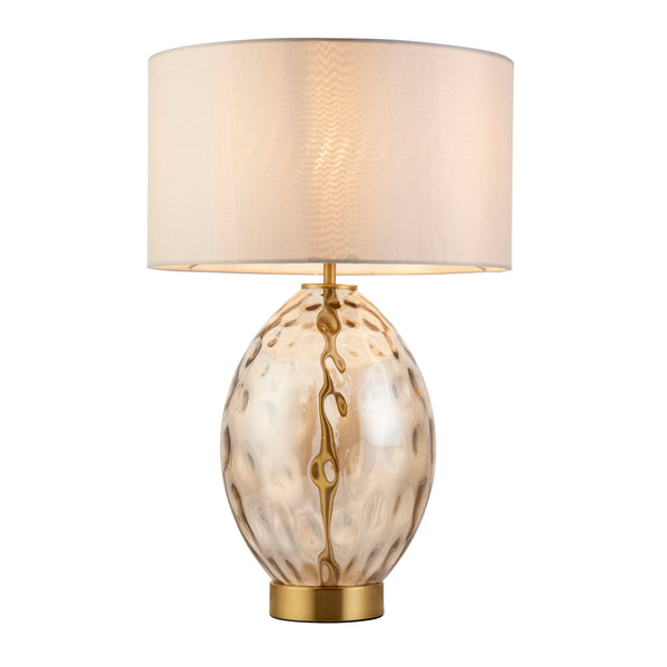 Lightologist Champagne lustre glass, satin brass plate with vintage white fabric Base & shade Table Light WIN13101150