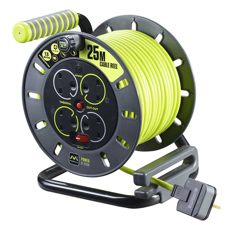 MasterPlug Pro XT 4 Socket 25M 13A Medium Open Reel Extension Lead OMU25134SL-PX