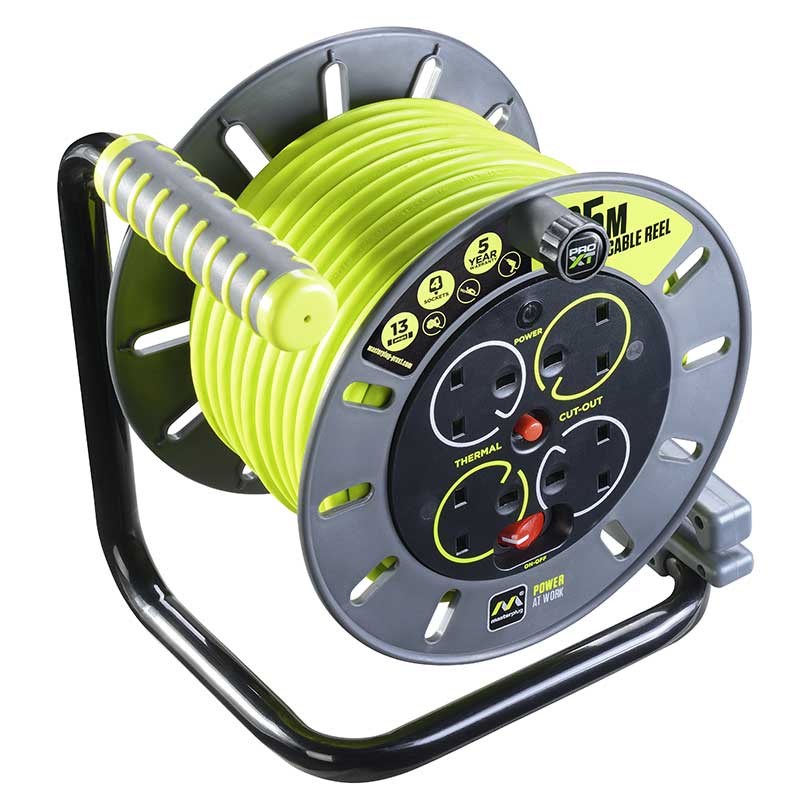 MasterPlug Pro XT 4 Socket 25M 13A Medium Open Reel Extension Lead OMU25134SL-PX