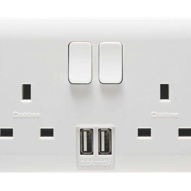 Crabtree Instinct 13A 2-Gang DP Switched Socket + 2.1A 2-Outlet Type A USB Charger White