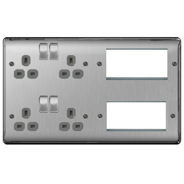 BG Nexus Metal Brushed Steel Media Plate Complete With Double 13A Socket And 8 Module Aperture NBS222EM8G