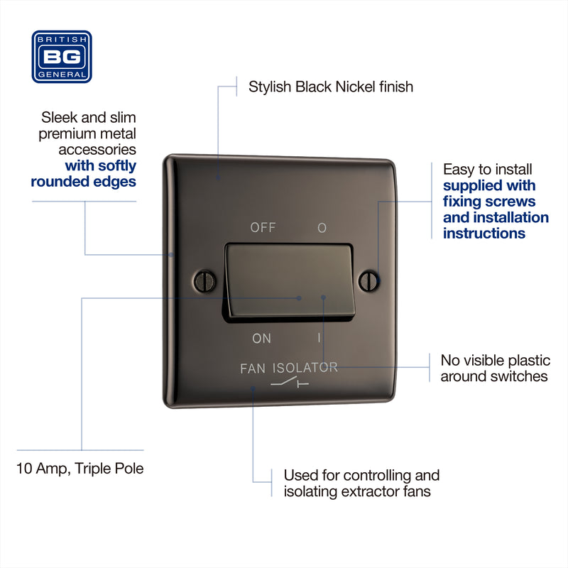 BG Nexus Metal Black Nickel Fan Isolator Switch NBN15