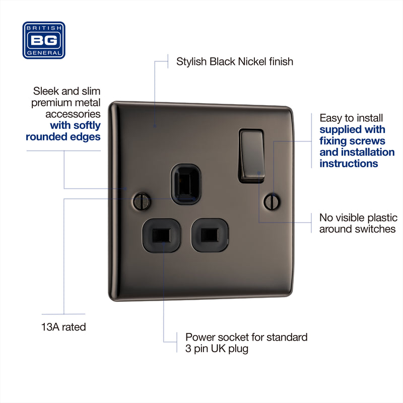 BG Nexus Metal Black Nickel 13A Single Socket NBN21B