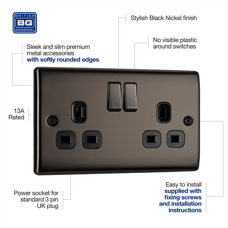 BG Nexus Metal Black Nickel 13A Double Socket NBN22B