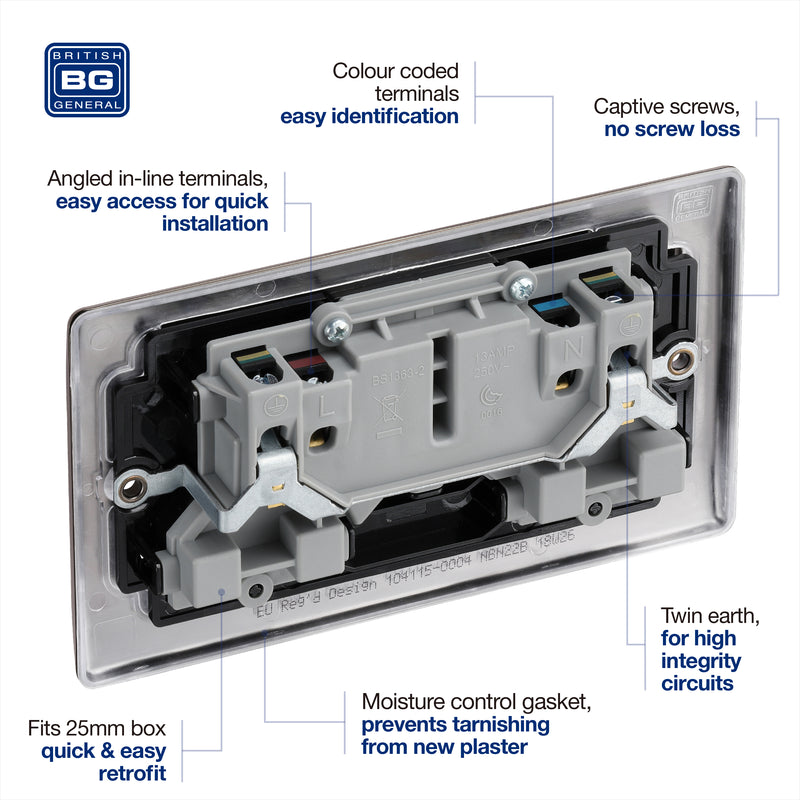 BG Nexus Metal Black Nickel 13A Double Socket NBN22B