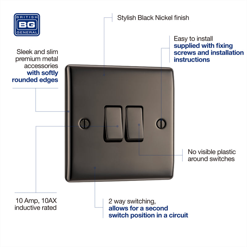 BG Nexus Metal Black Nickel Light Switch 2 Gang 2Way NBN42