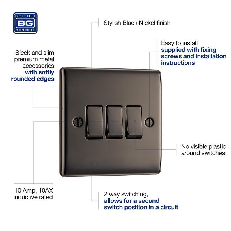 BG Nexus Metal Black Nickel 3G 2W Light Switch NBN43