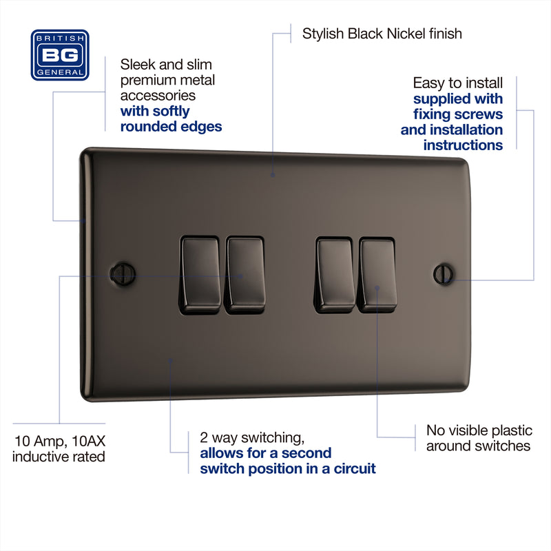 BG Nexus Metal Black Nickel 4G 2W Light Switch NBN44