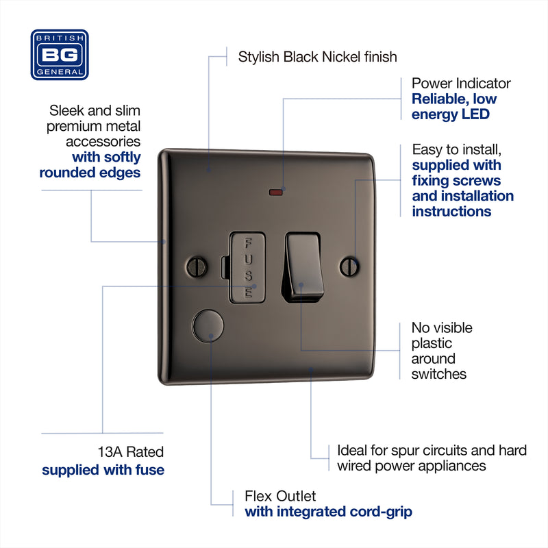 BG Nexus Metal Black Nickel 13A Switched Spur with Neon & Flex NBN53