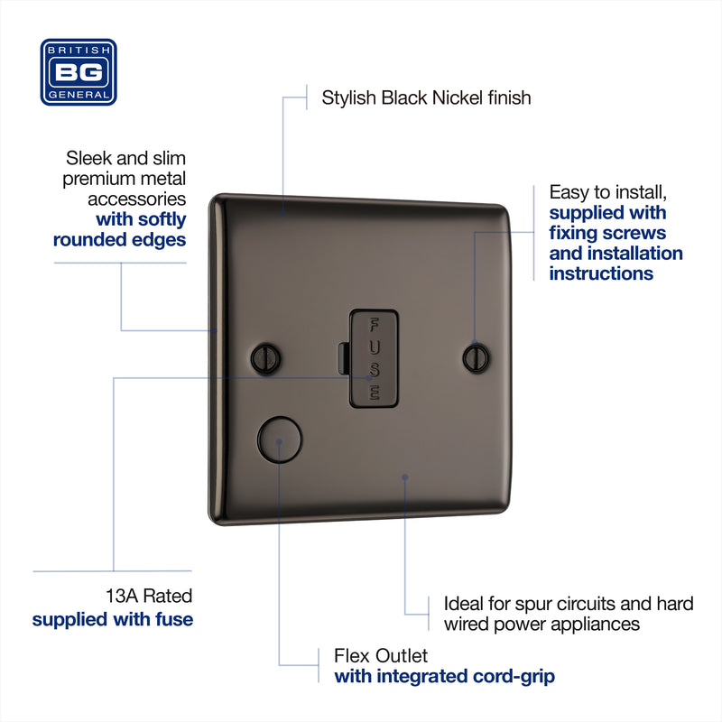 BG Nexus Metal Black Nickel 13A Unswitched Spur with Flex NBN55