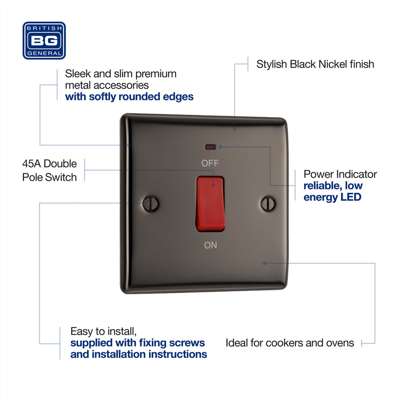 BG Nexus Metal Black Nickel 45A Double Pole Switch NBN74