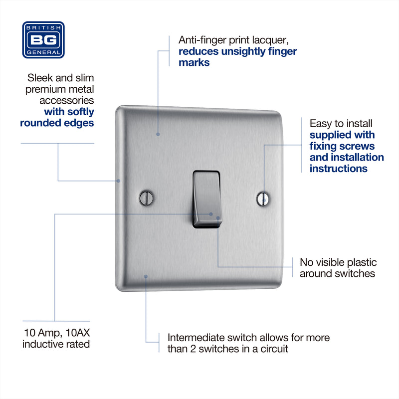 BG Nexus Metal Brushed Steel Intermediate Light Switch NBS13