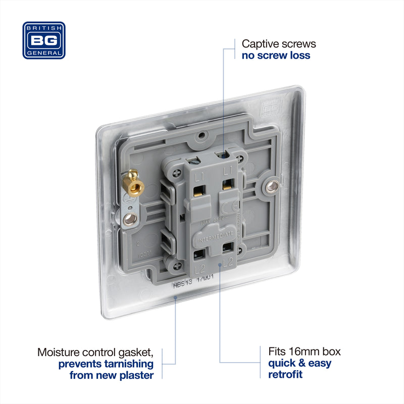 BG Nexus Metal Brushed Steel Intermediate Light Switch NBS13