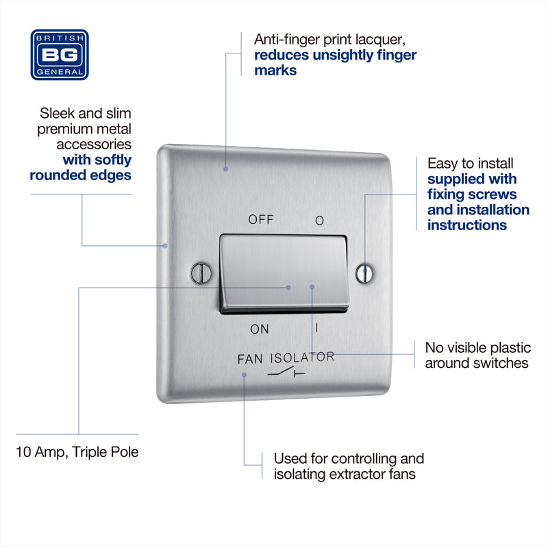 BG Nexus Metal Brushed Steel Fan Isolator Switch NBS15