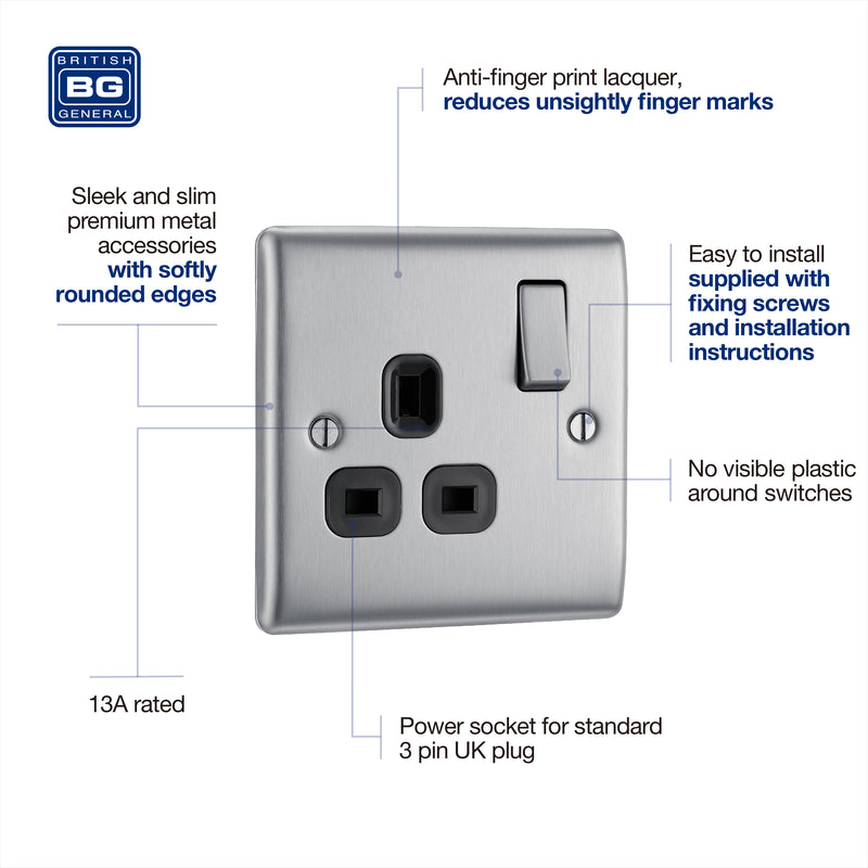 BG Nexus Metal Brushed Steel 13A Single Socket NBS21B