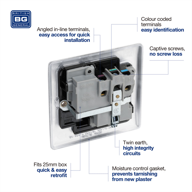 BG Nexus Metal Brushed Steel 13A Single Socket NBS21B