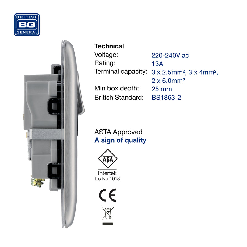 BG Nexus Metal Brushed Steel 13A Single Socket NBS21B