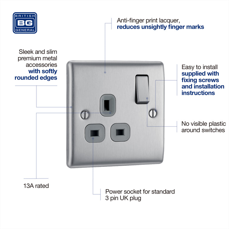 BG Nexus Metal Brushed Steel 13A Single Socket NBS21G