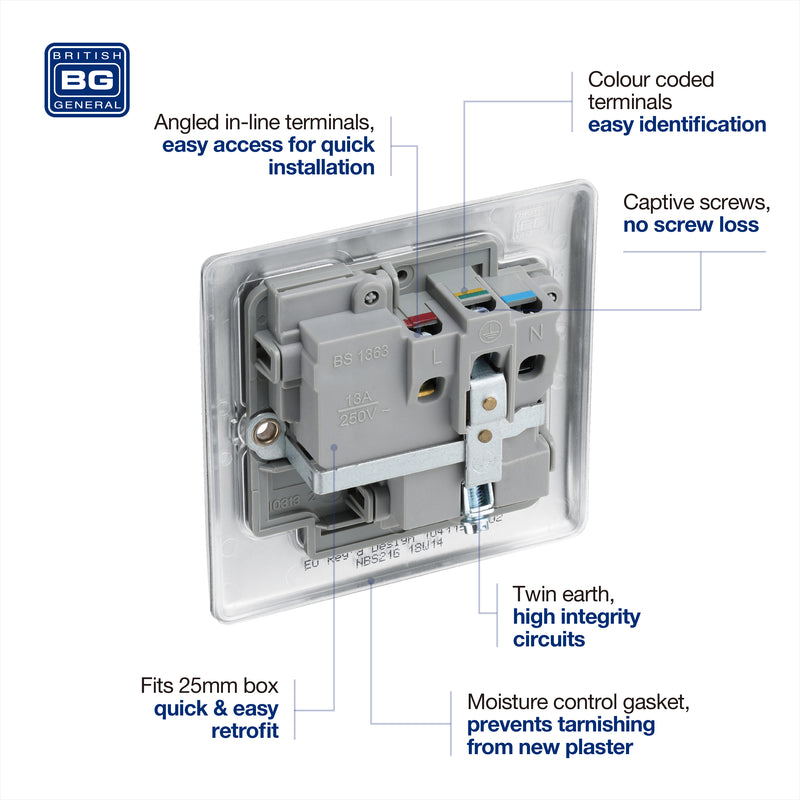 BG Nexus Metal Brushed Steel 13A Single Socket NBS21G