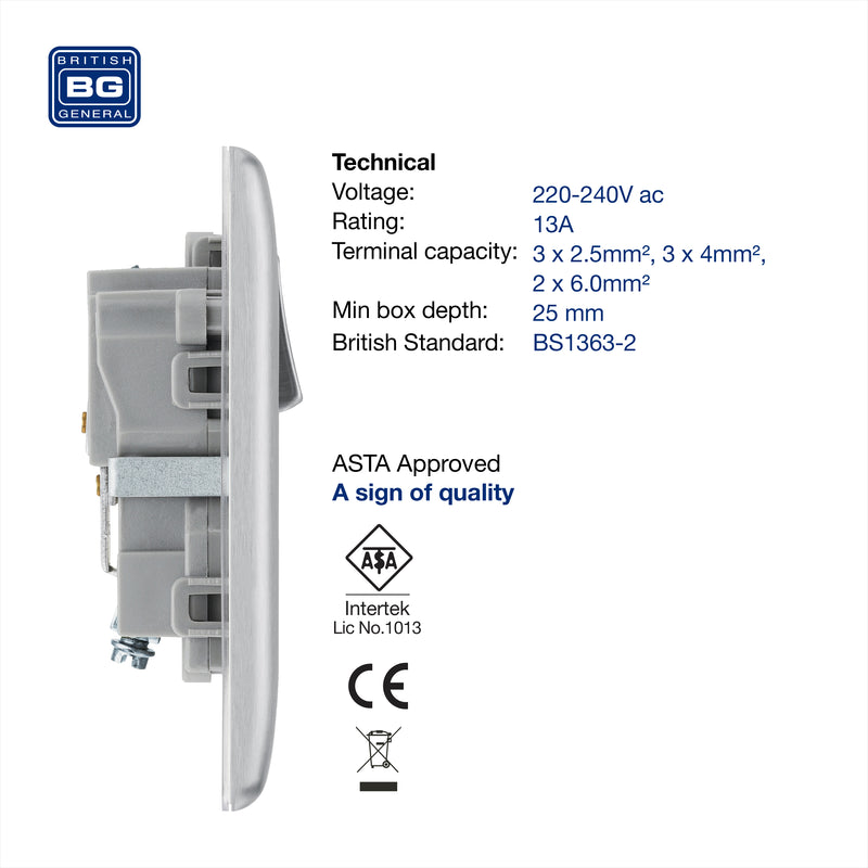 BG Nexus Metal Brushed Steel 13A Single Socket NBS21G