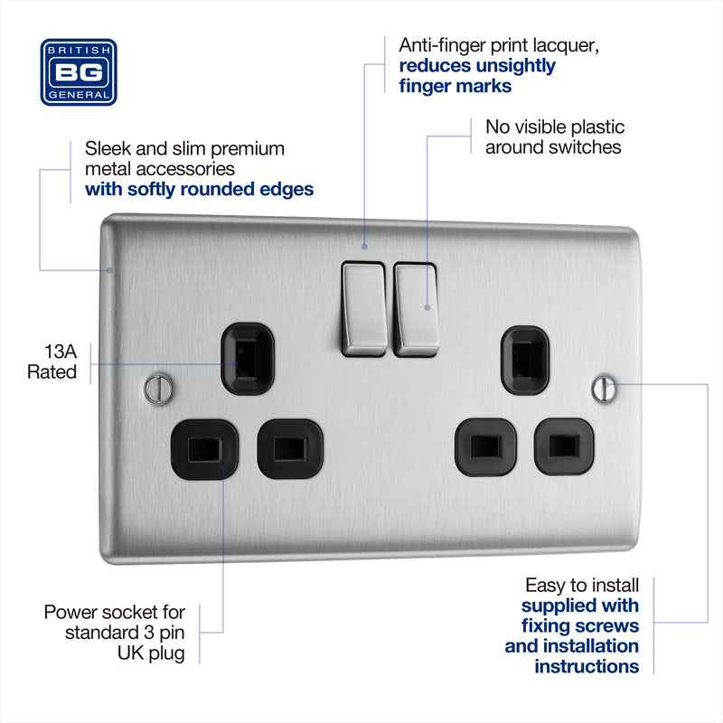 BG Nexus Metal Brushed Steel 13A Double Socket NBS22B