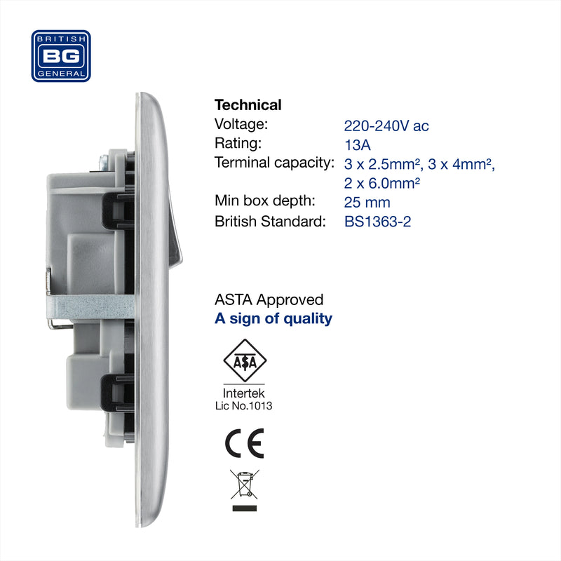 BG Nexus Metal Brushed Steel 13A Double Socket NBS22B