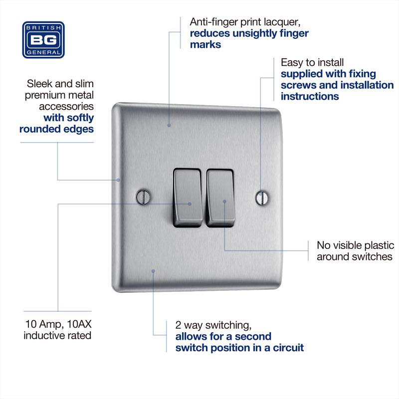 BG Nexus Metal Brushed Steel Light Switch 2 Gang 2Way NBS42