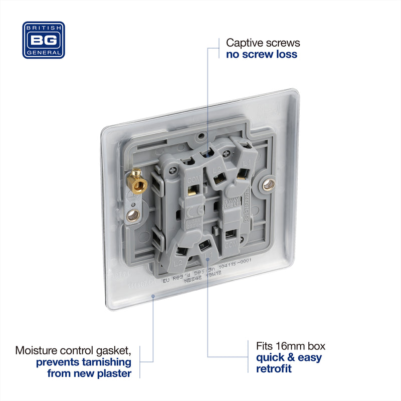 BG Nexus Metal Brushed Steel Light Switch 2 Gang 2Way NBS42