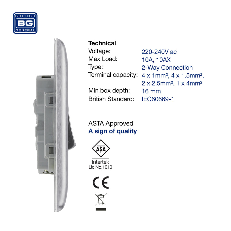 BG Nexus Metal Brushed Steel Light Switch 2 Gang 2Way NBS42