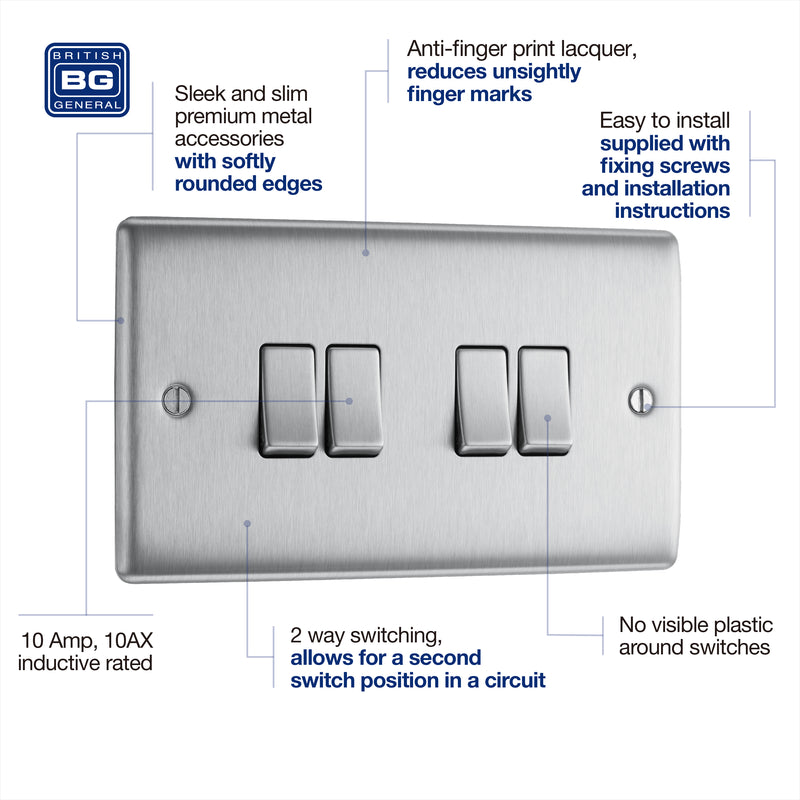 BG Nexus Metal Brushed Steel 4G 2W Light Switch NBS44