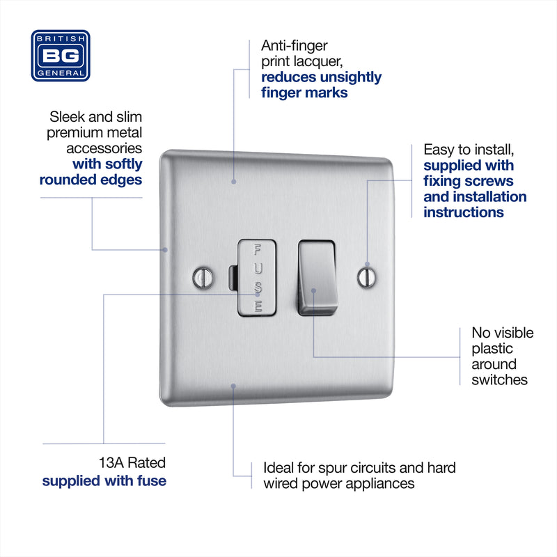 BG Nexus Metal Brushed Steel 13A Switched Spur NBS50