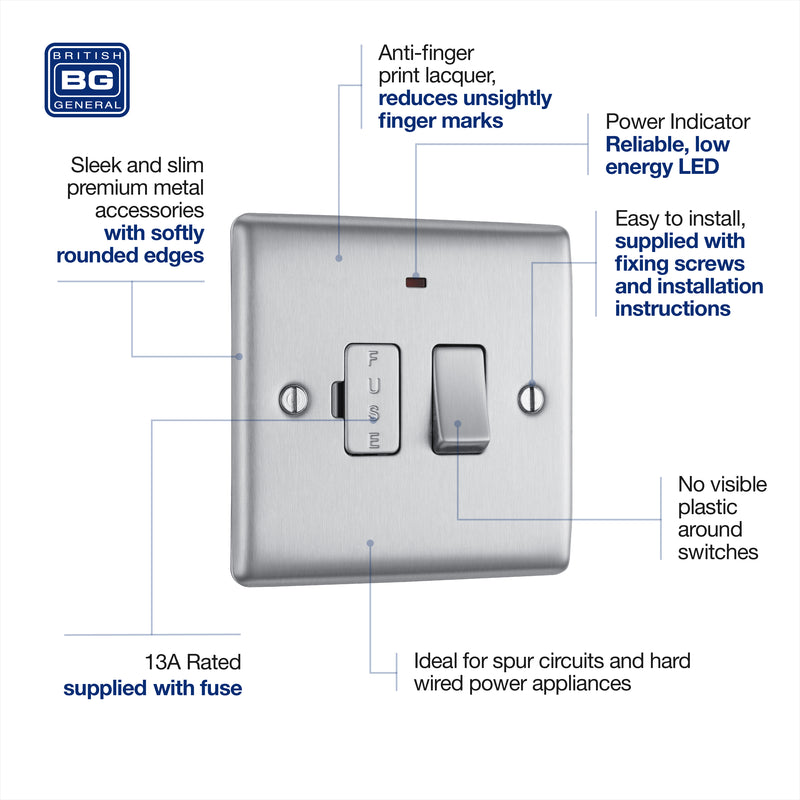 BG Nexus Metal Brushed Steel 13A Switched Spur Neon NBS52