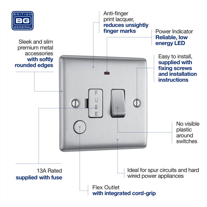 BG Nexus Metal Brushed Steel 13A Switched Spur with Neon & Flex NBS53