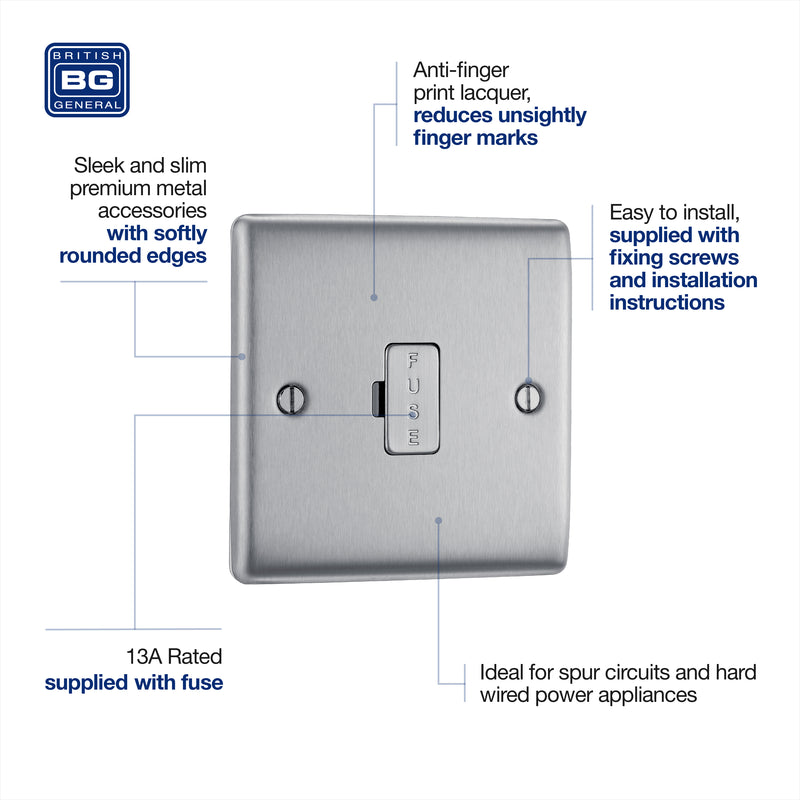 BG Nexus Metal Brushed Steel 13A Unswitched Spur NBS54