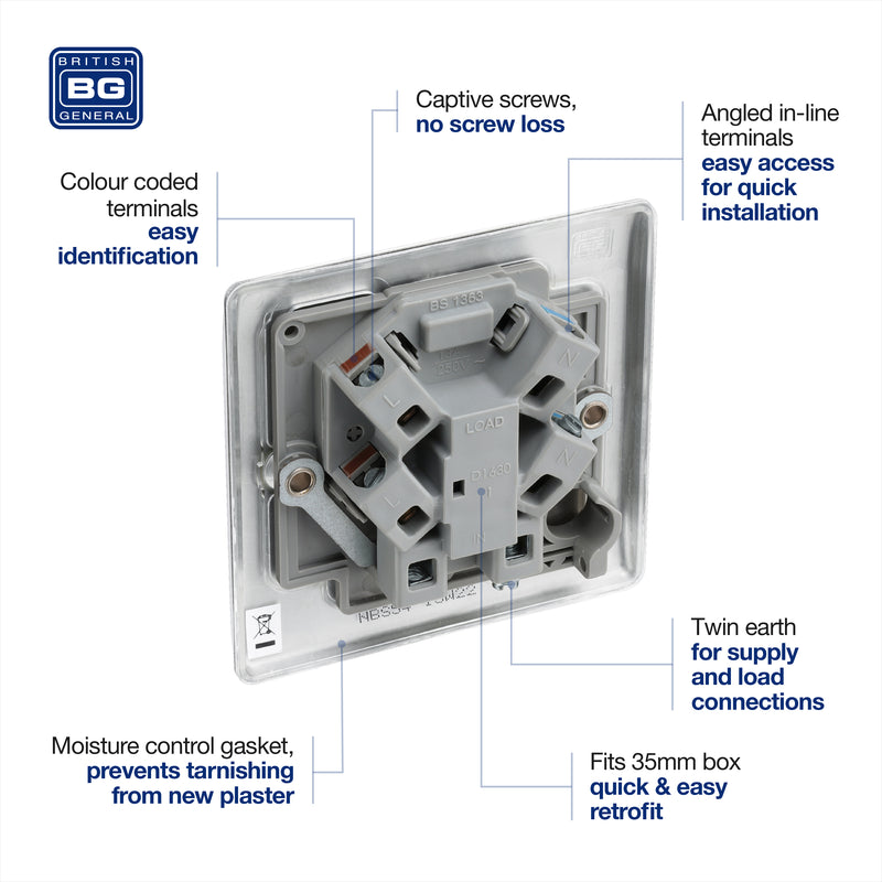 BG Nexus Metal Brushed Steel 13A Unswitched Spur NBS54