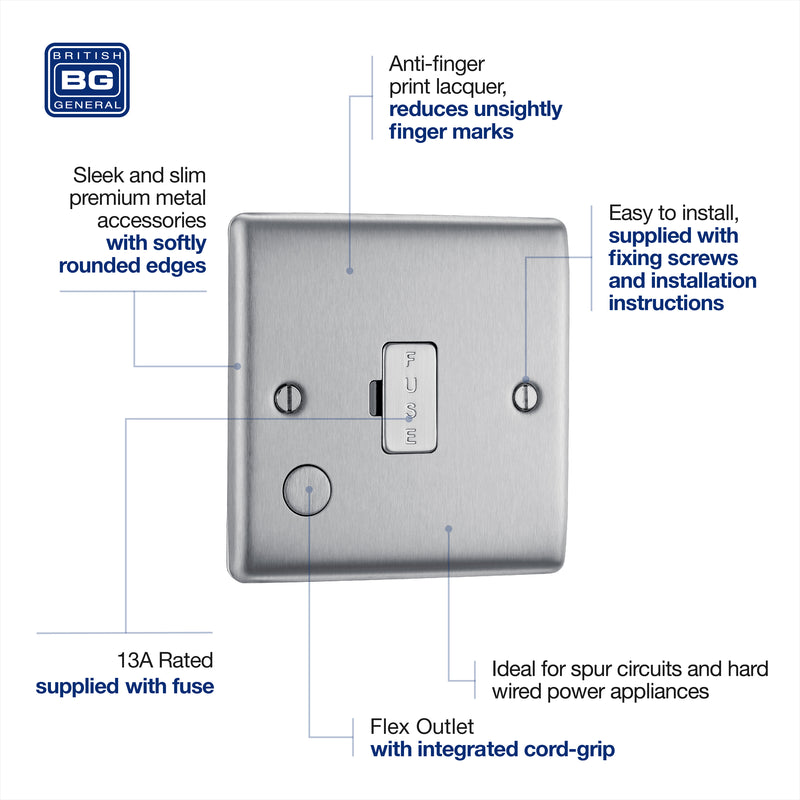 BG Nexus Metal Brushed Steel 13A Unswitched Spur Flex Outlet NBS55