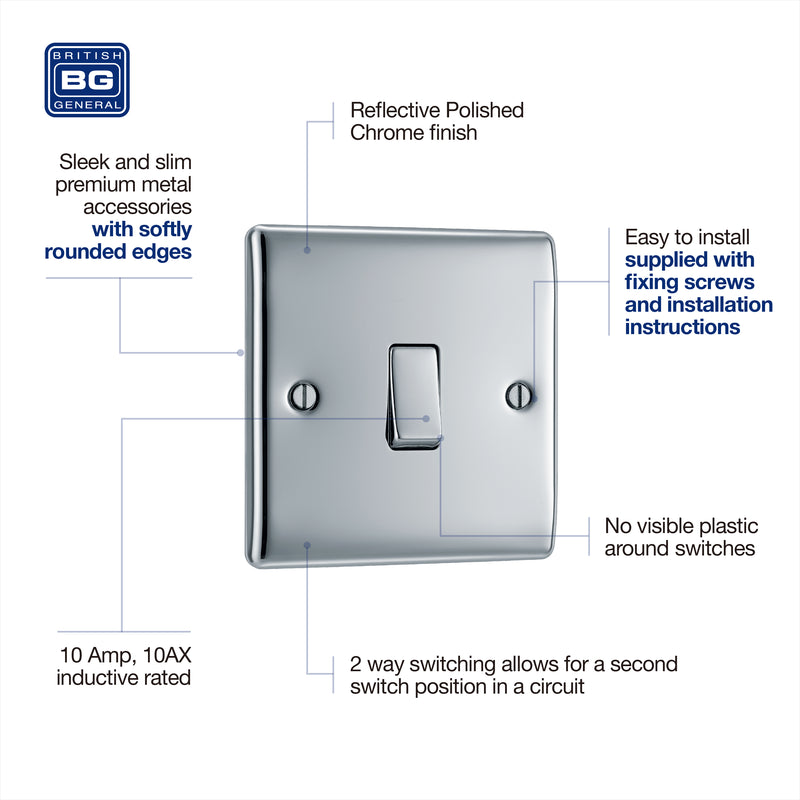 BG Nexus Metal Polished Chrome 1G 2W Light Switch NPC12