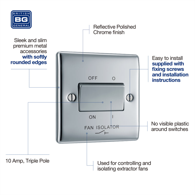 BG Nexus Metal Polished Chrome Fan Isolator Switch NPC15