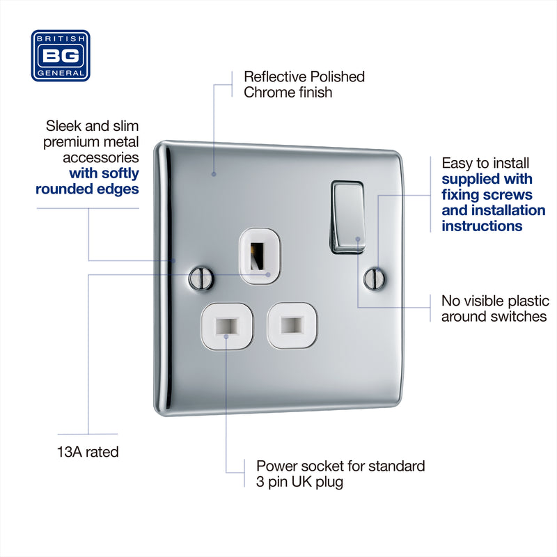 BG Nexus Metal Polished Chrome 13A Single Socket NPC21W