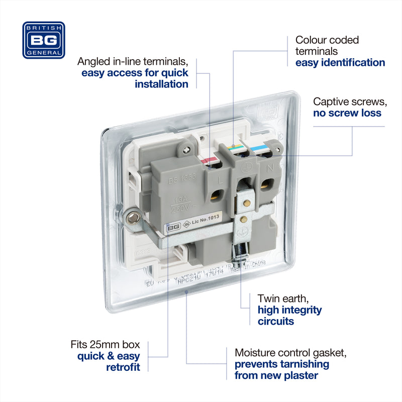 BG Nexus Metal Polished Chrome 13A Single Socket NPC21W