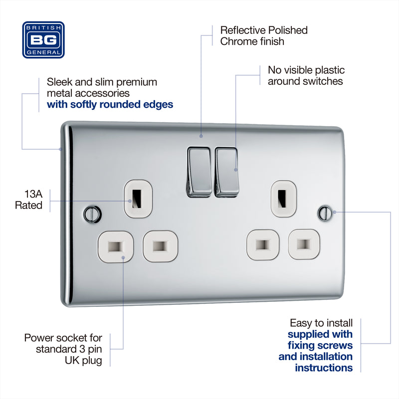 BG Nexus Metal Polished Chrome 13A Double Socket NPC22W