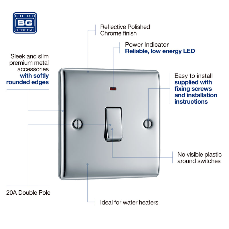 BG Nexus Metal Polished Chrome 20A Double Pole Switch with Neon NPC31