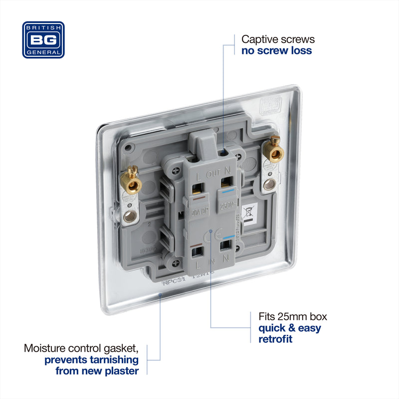 BG Nexus Metal Polished Chrome 20A Double Pole Switch with Neon NPC31